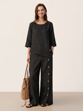 Lintico Set - Black Linen Wide-Leg Button-Trim Pants and Top